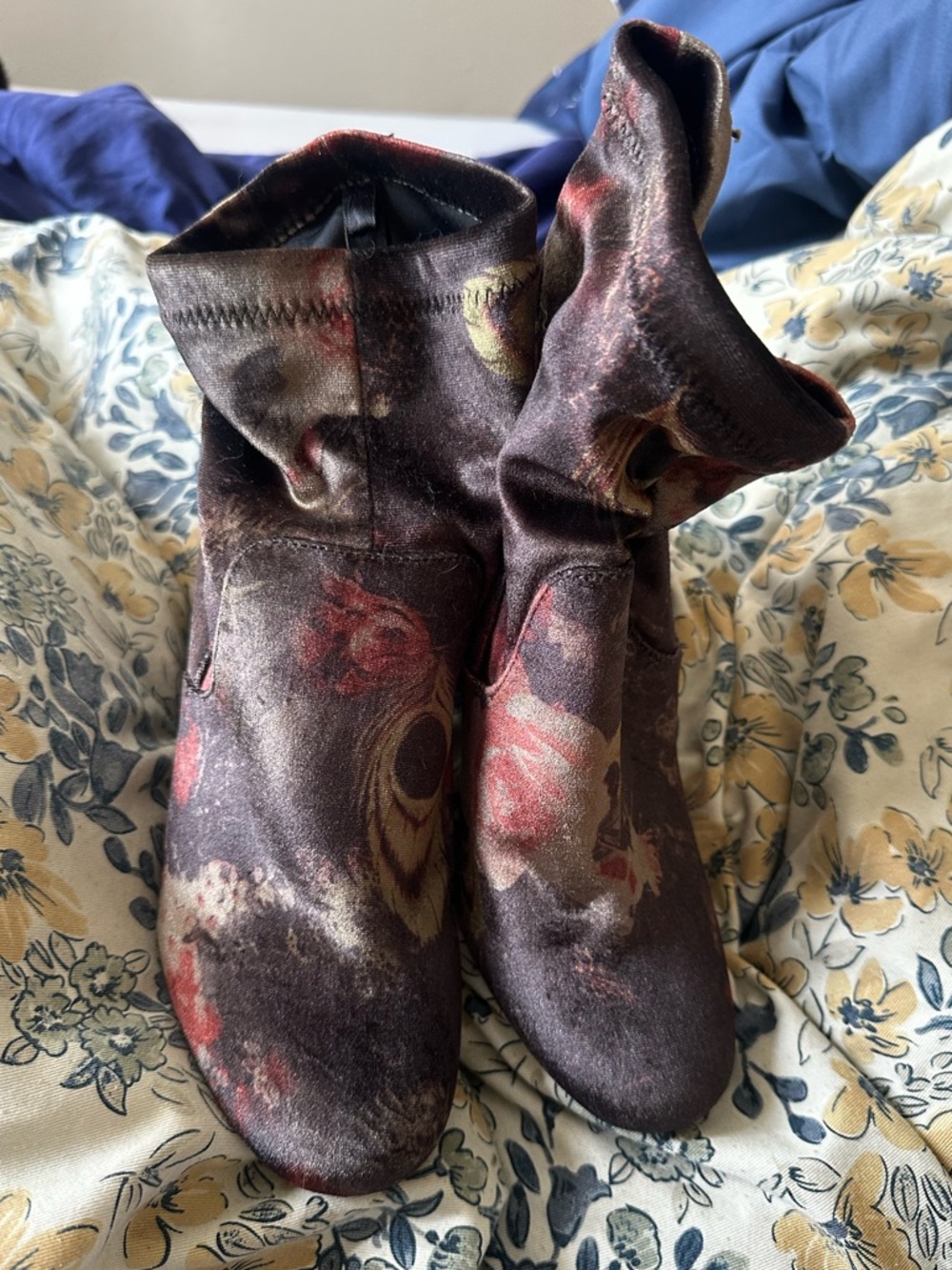 A New Day Floral Feather Velvet Booties w/ Block Heel Size 9